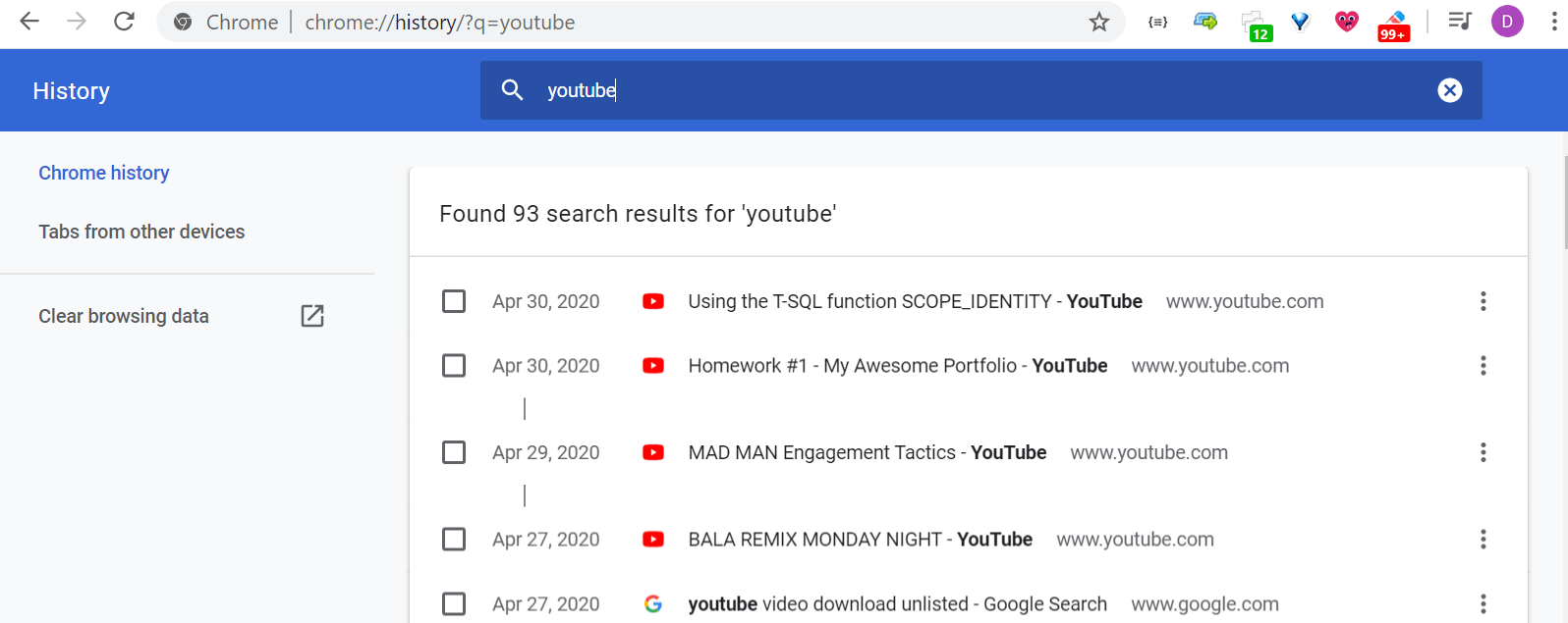 How can I remove entries from Google Chrome browsing history by keyword