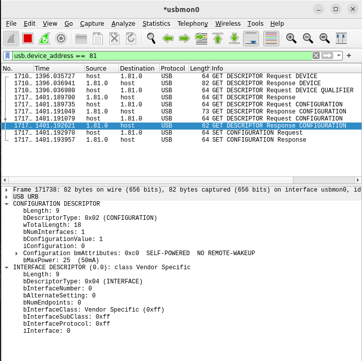 embedded Custom USB device configuration error in Windows Stack