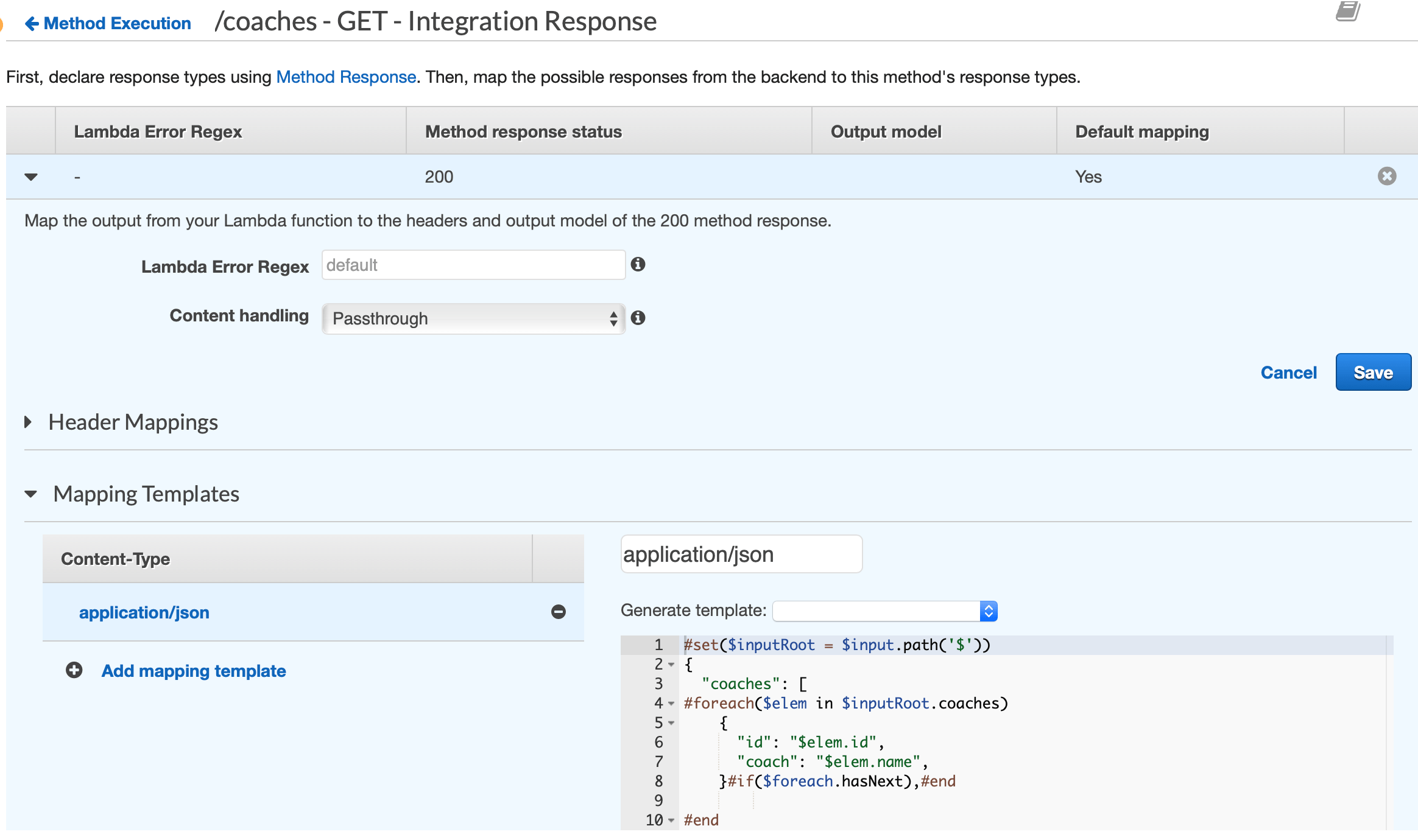 json AWS API Gateway Response Mapping Template not working Stack