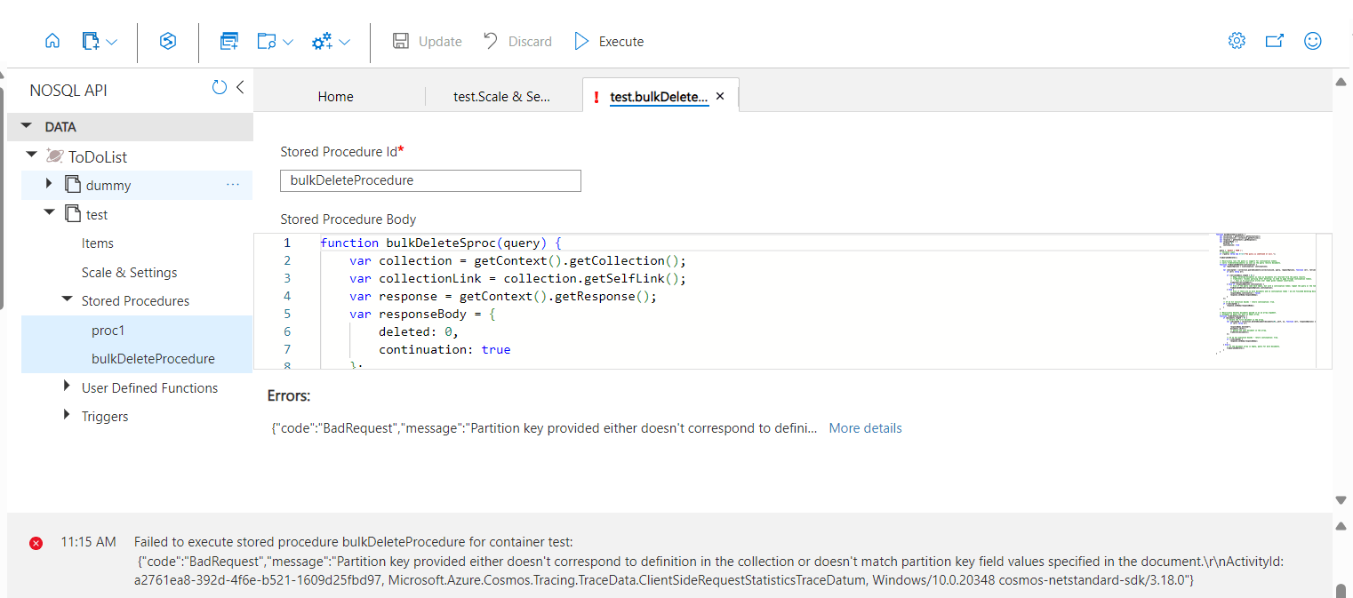 azure How to give a composite partition key when executing a stored procedure to delete