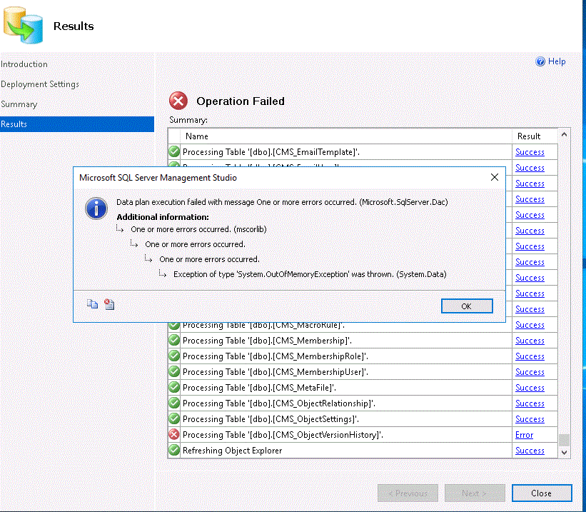 sql server Exception of type "System.OutOfMemoryException" deploying