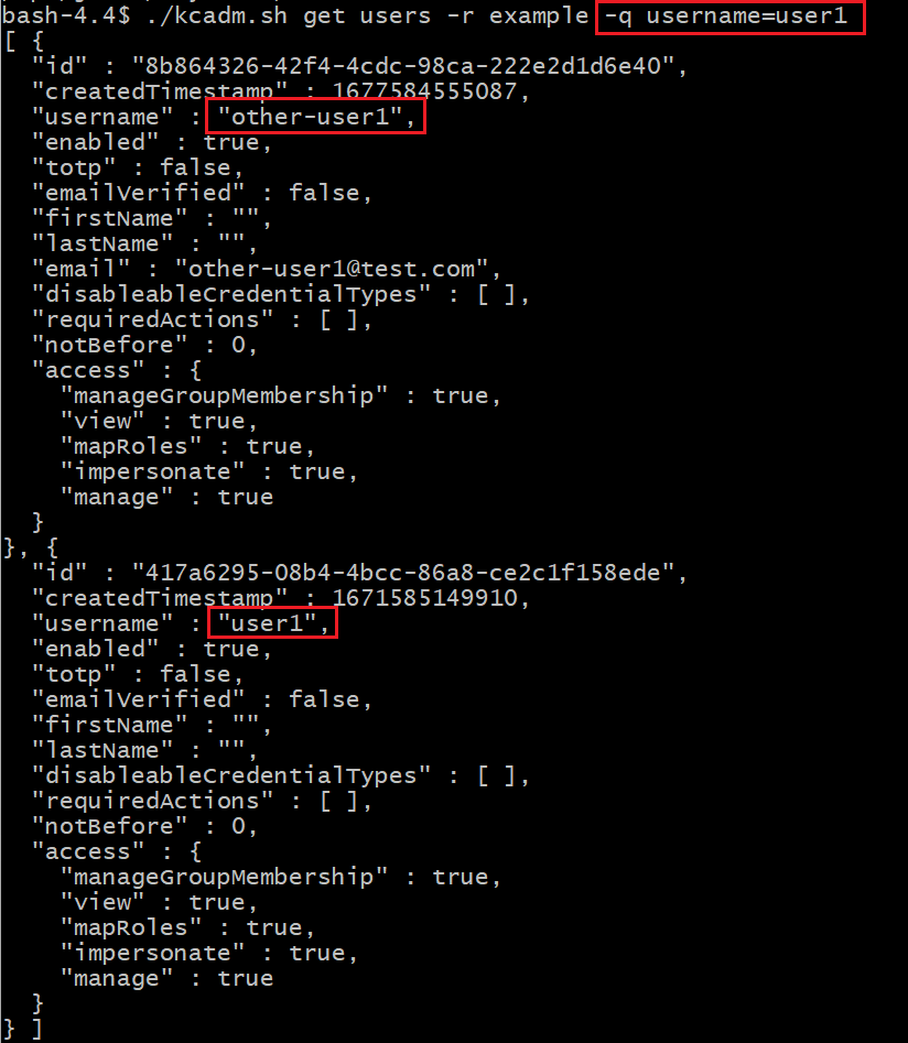 keycloak How to find user with exact username with kcadm? Stack