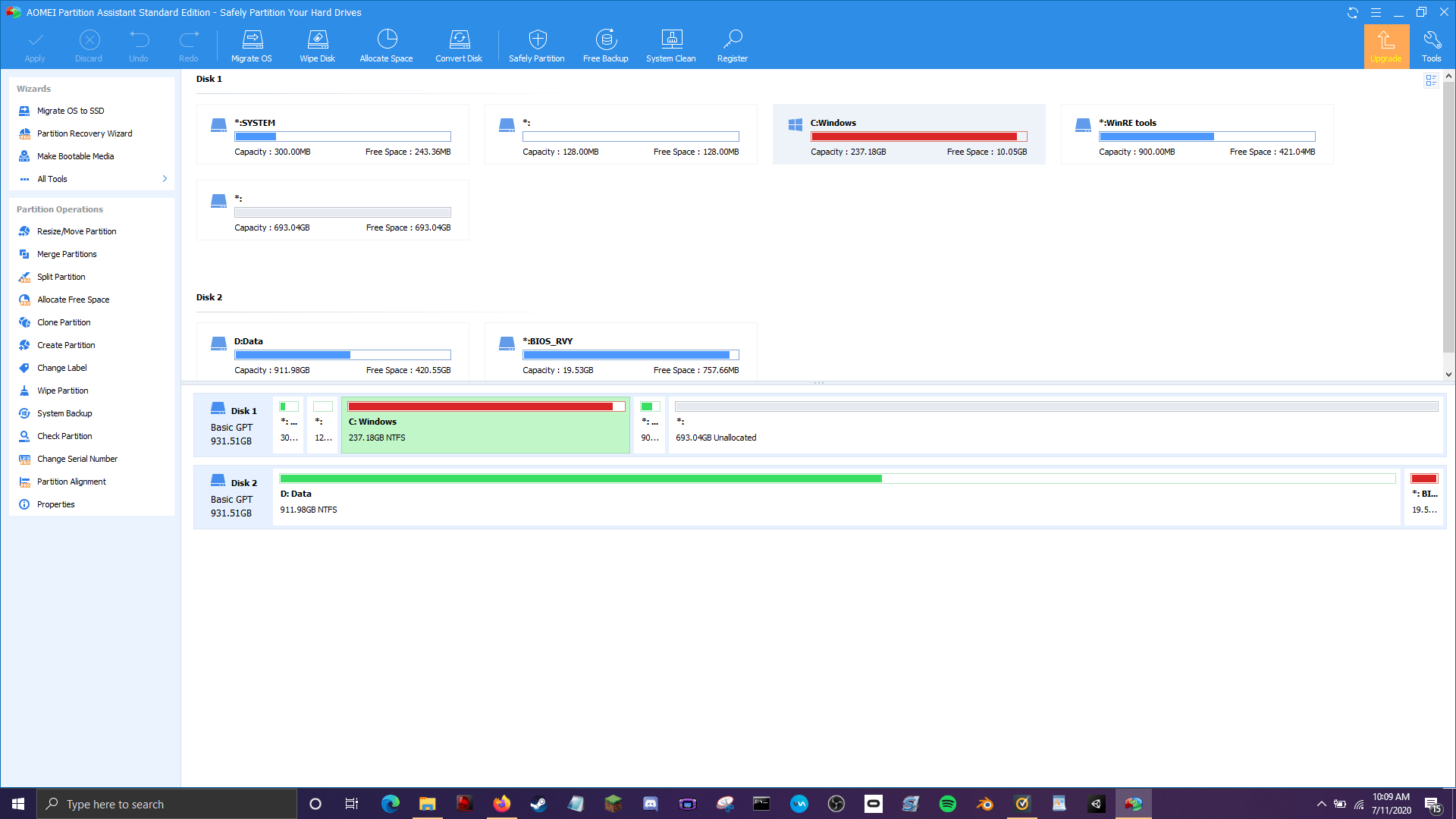 How to transfer unallocated space to C partition on Windows 10 after