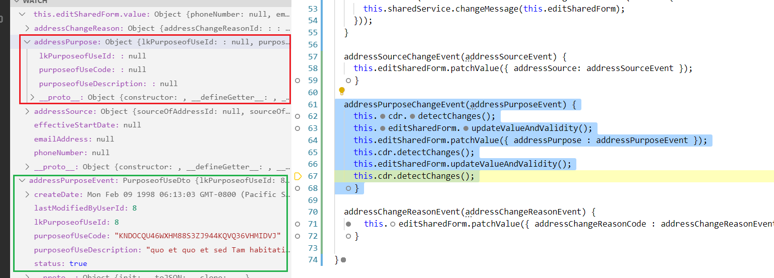 typescript Angular 8 PatchValue not working with ChangeDetector and