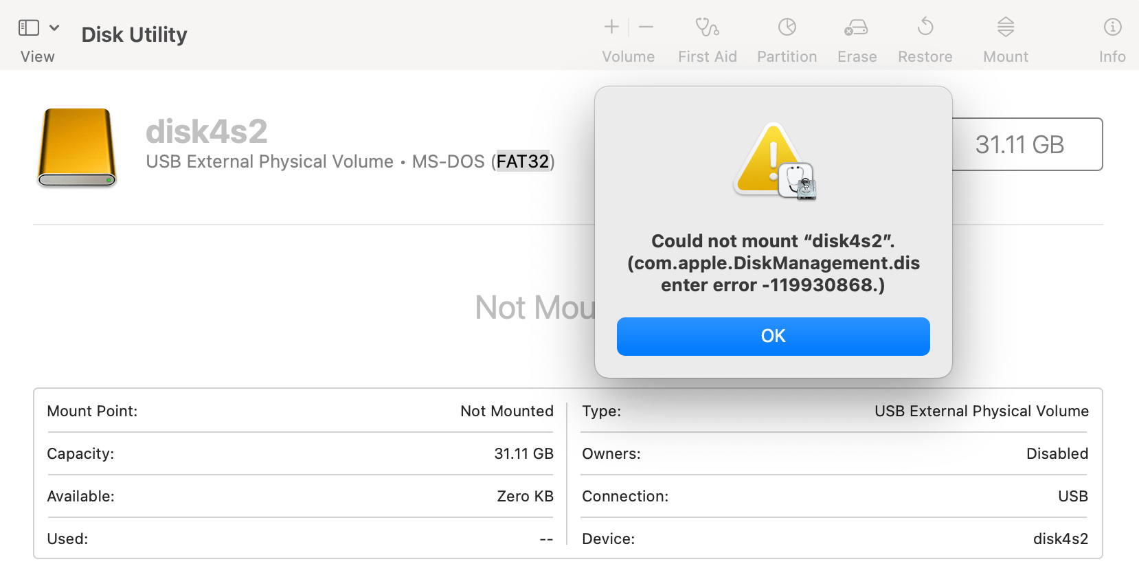 disk utility Unable to mount FAT32 drive on macOS com.apple
