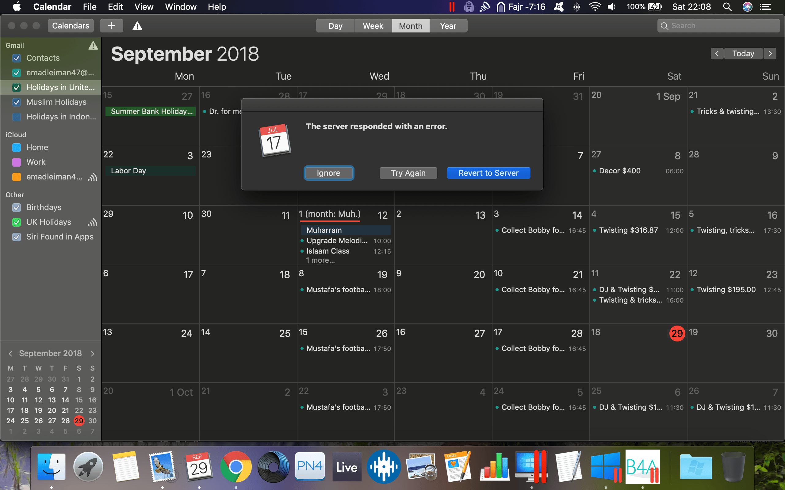 Mac calendar app (iCal) displays error message "server responded with