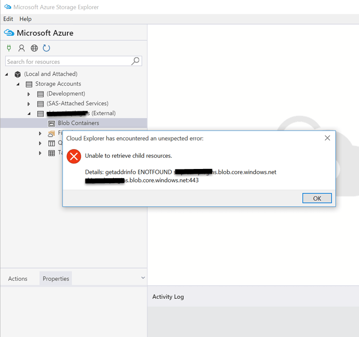 Azure Storage Explorer Error "ENOTFOUND" how to solve? Server Fault