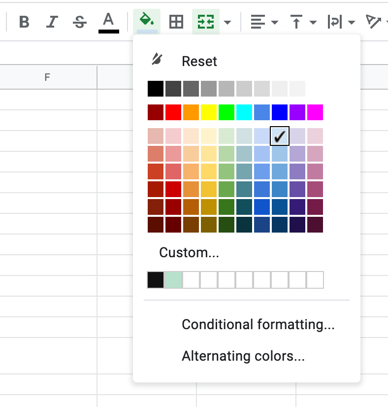 Looking for color codes of the default fill colors in Google Sheets
