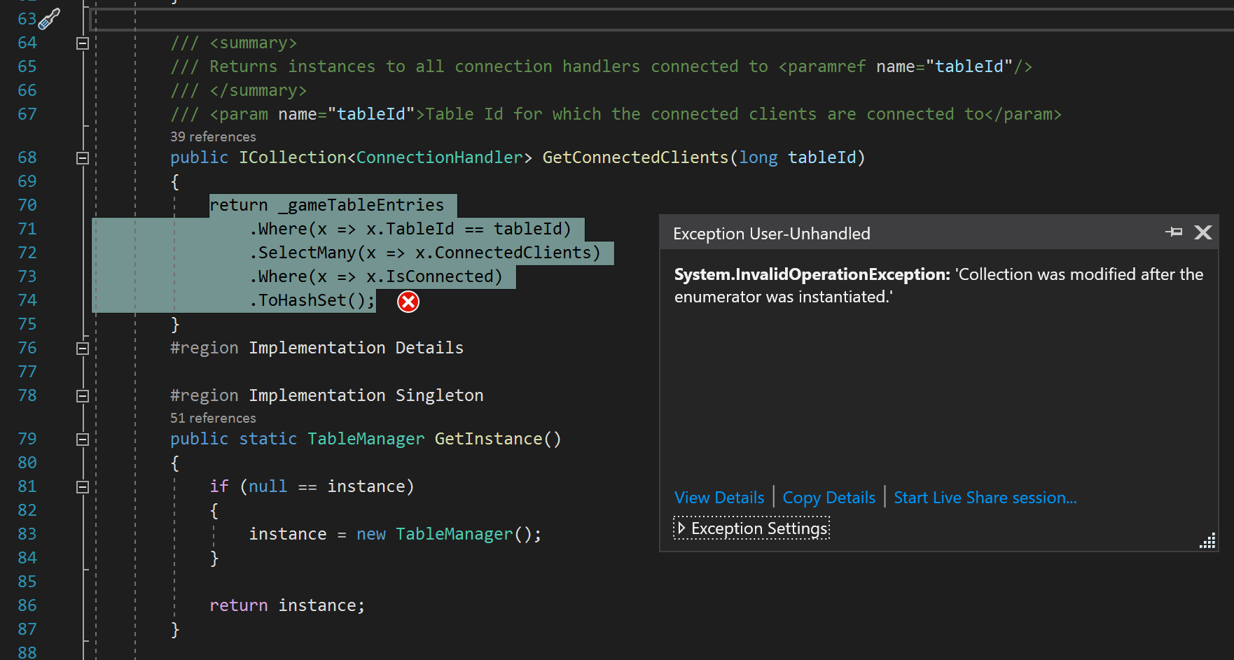 c Linq query in single threaded process throws