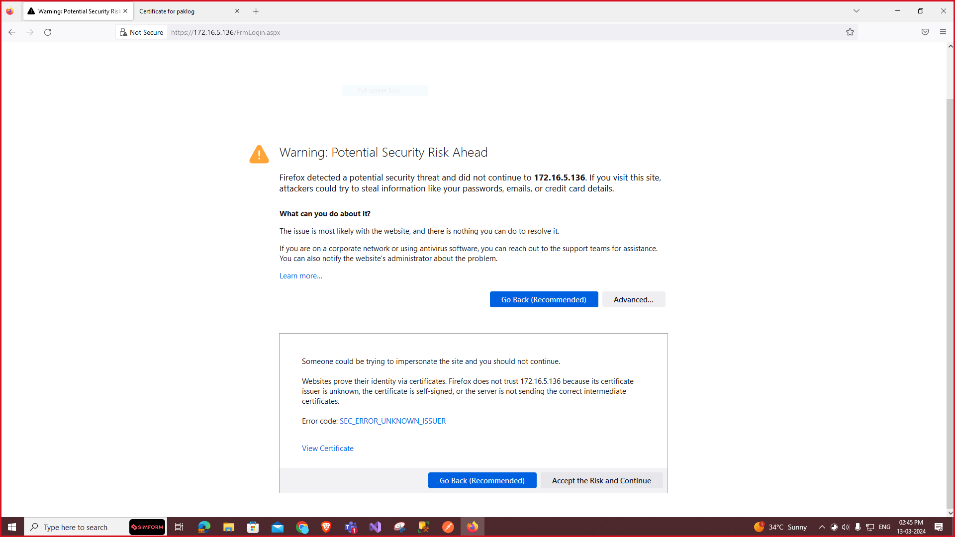 openssl Self signed certificate using own CA not working on