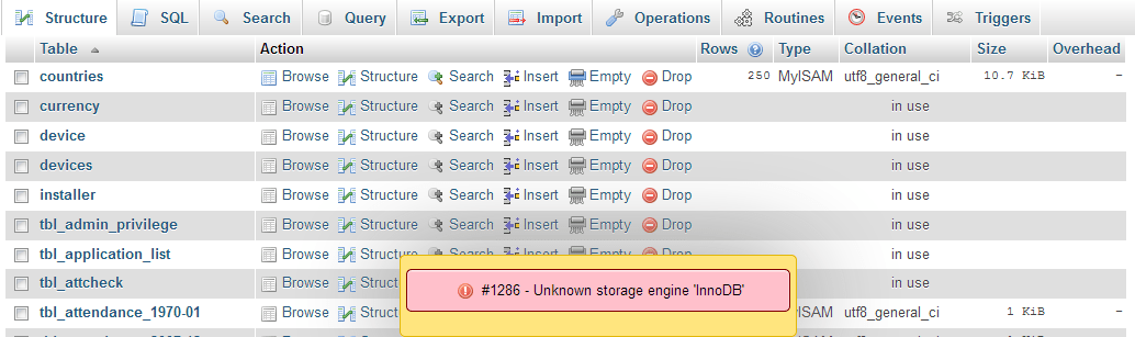 php - Mysql database getting error: #1286 - Unknown storage engine