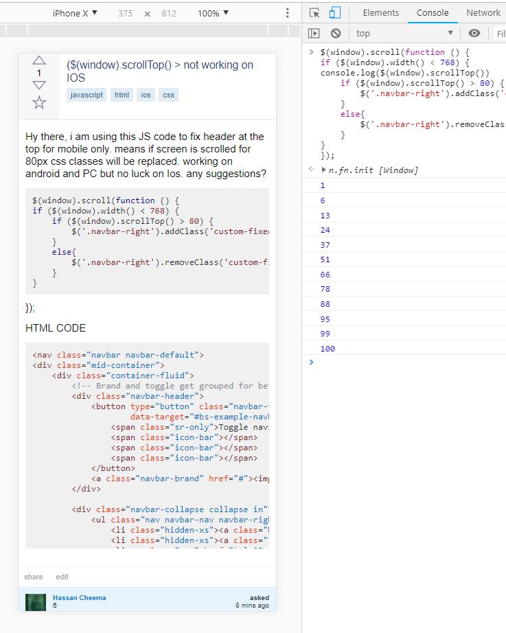 javascript ((window).scrollTop() > not working on IOS Stack Overflow