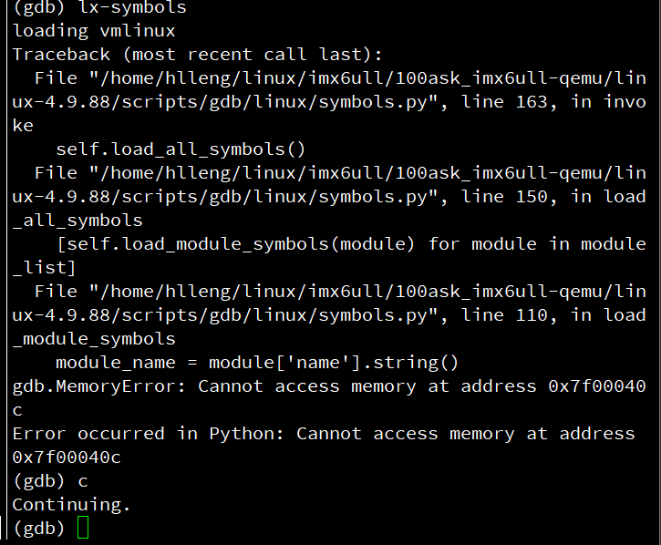 linux lxsymbols Python Exception Cannot access memory at address in