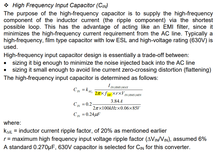 switch mode power supply PFC High Frequency Input Capacitor Formula