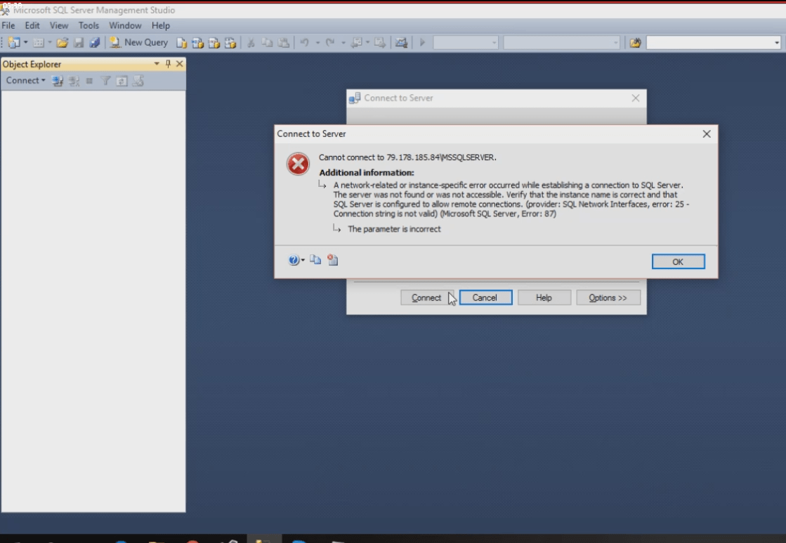 Can't connect to an online SQL Server (ERROR25 , ERROR87) Stack