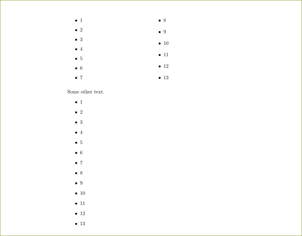 Uniformly itemize list in two columns throughout the document TeX