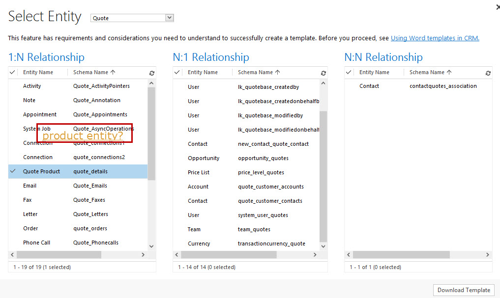Dynamics CRM 2016 access product details in quote template Stack