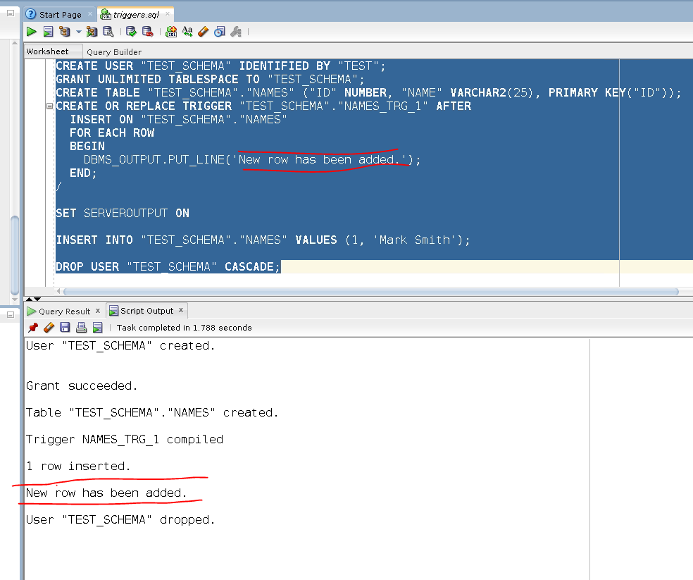 oracle SQL developer How to make log output from a trigger? Stack