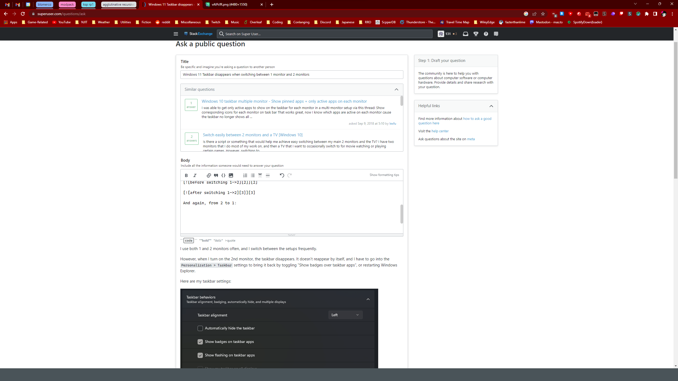 Windows 11 Taskbar disappears when switching between 1 monitor and 2