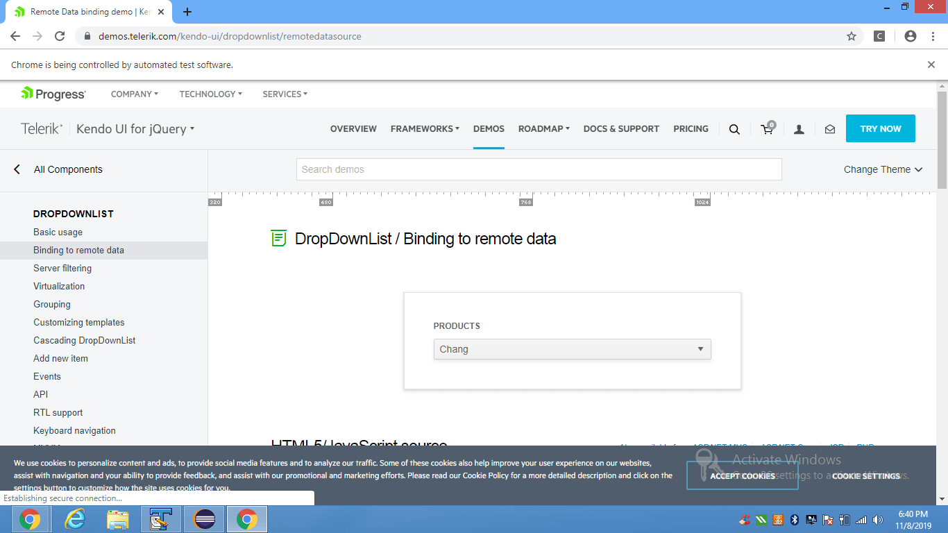 How to select kendo dropdown element with unselectable="on" attribute