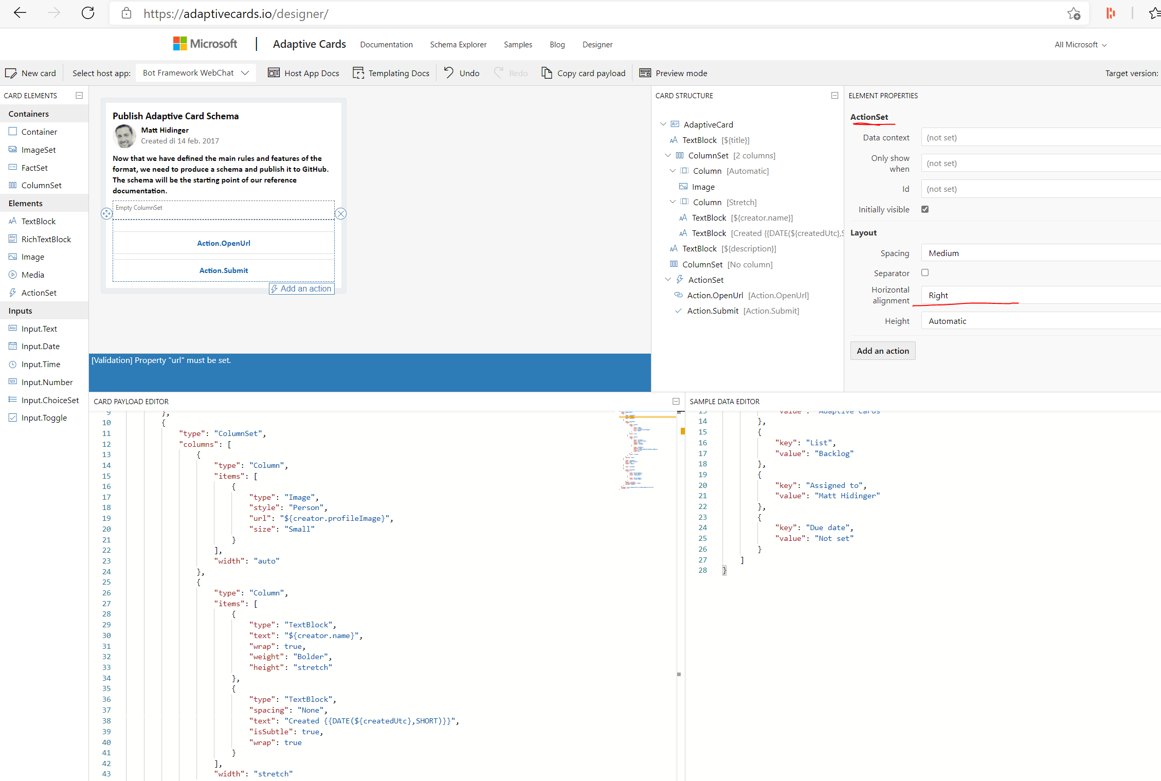 json Adaptive cards in teams, can't get buttons to align in the
