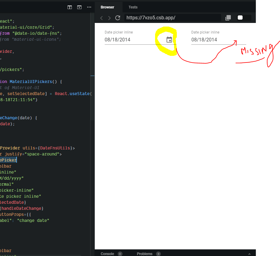 reactjs MaterialUI date pickers' Icons are not visible
