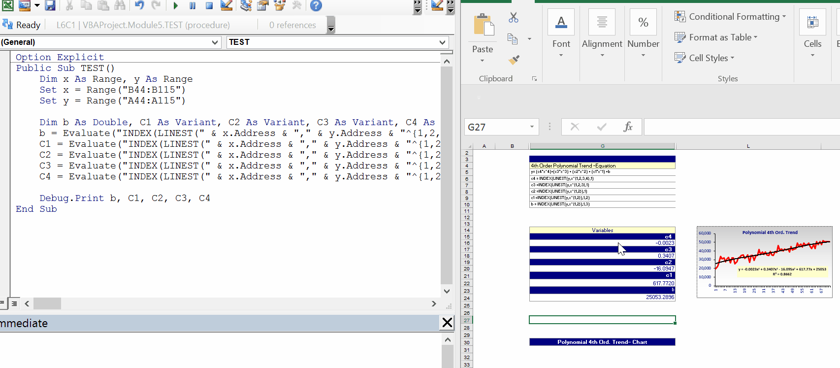excel Linest function in vba cannot obtain coefficients for 4th order