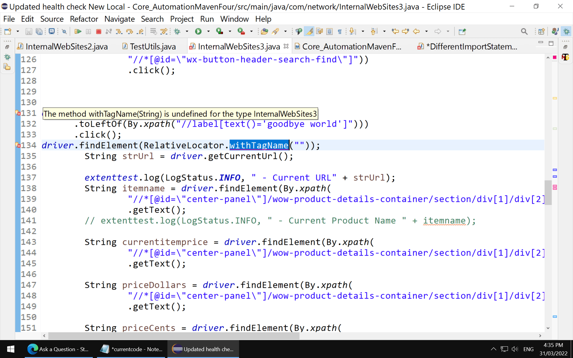 eclipse Error message "The method withTagName(String) is undefined