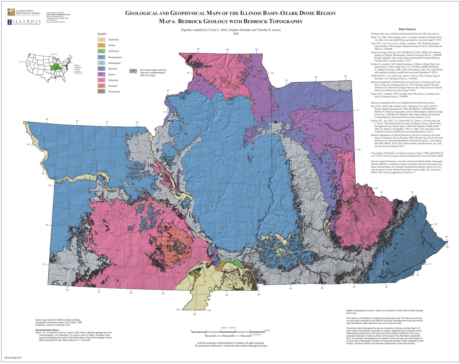 geology What are the craters and mounds in this Missouri bedrock map