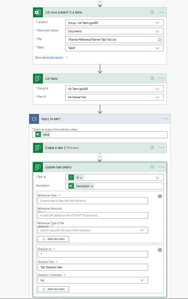 workflow Creating Planner Tasks with Dynamic Checklist Items Stack