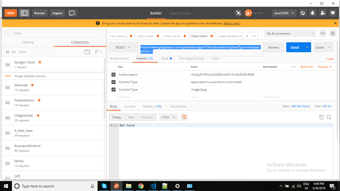 Upload multipart image into google cloud storage bucket using postman