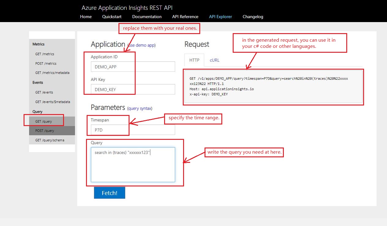 Export Azure Application Insights with REST API for search term Stack