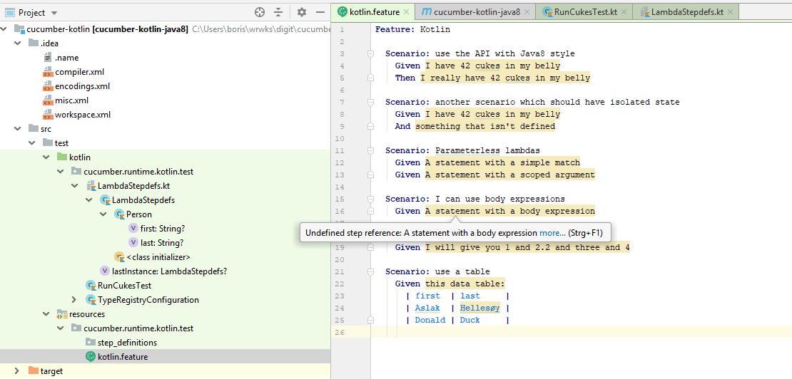kotlin IntelliJ can't find stepdefinition when using cucumberjava8