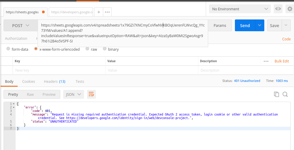 php google sheets append data to sheet api returning 401