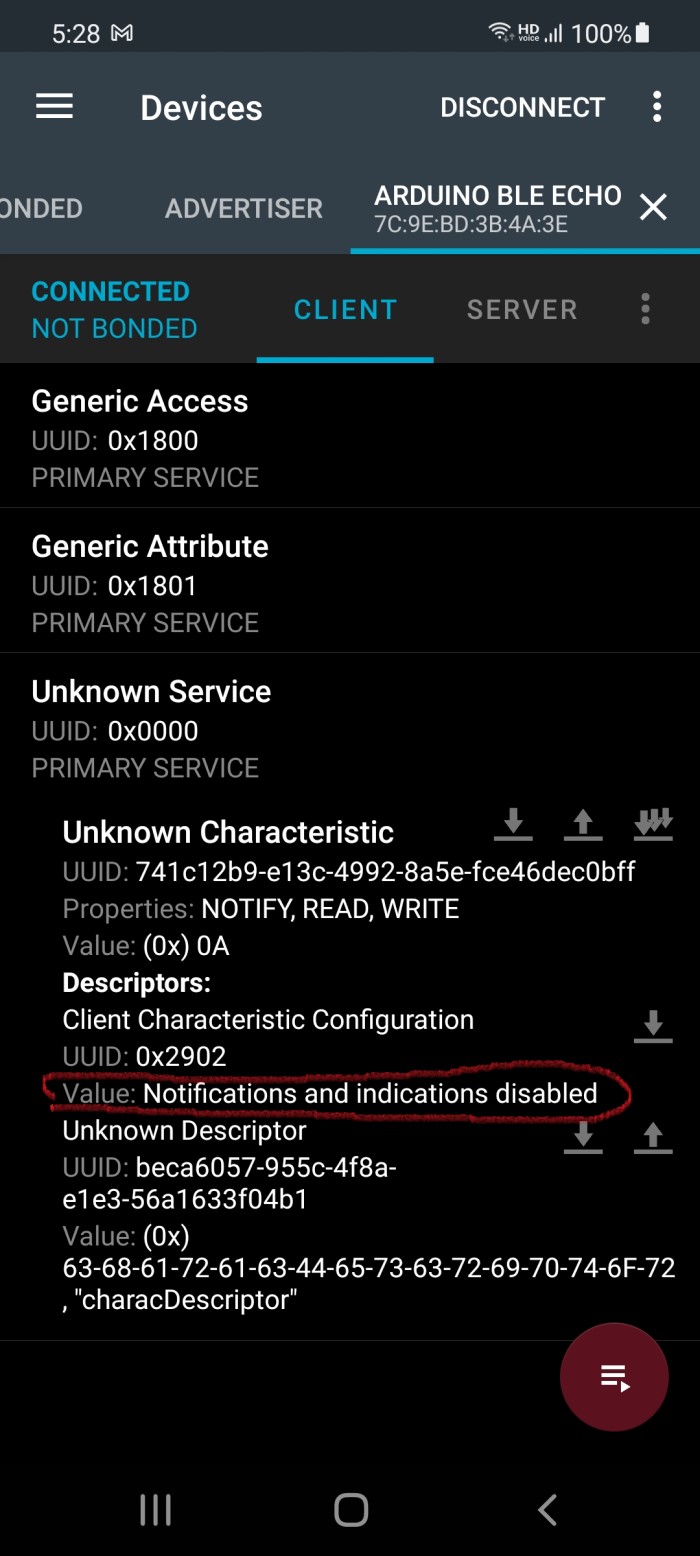 arduino How to set Client Characteristic Configuration on Android for