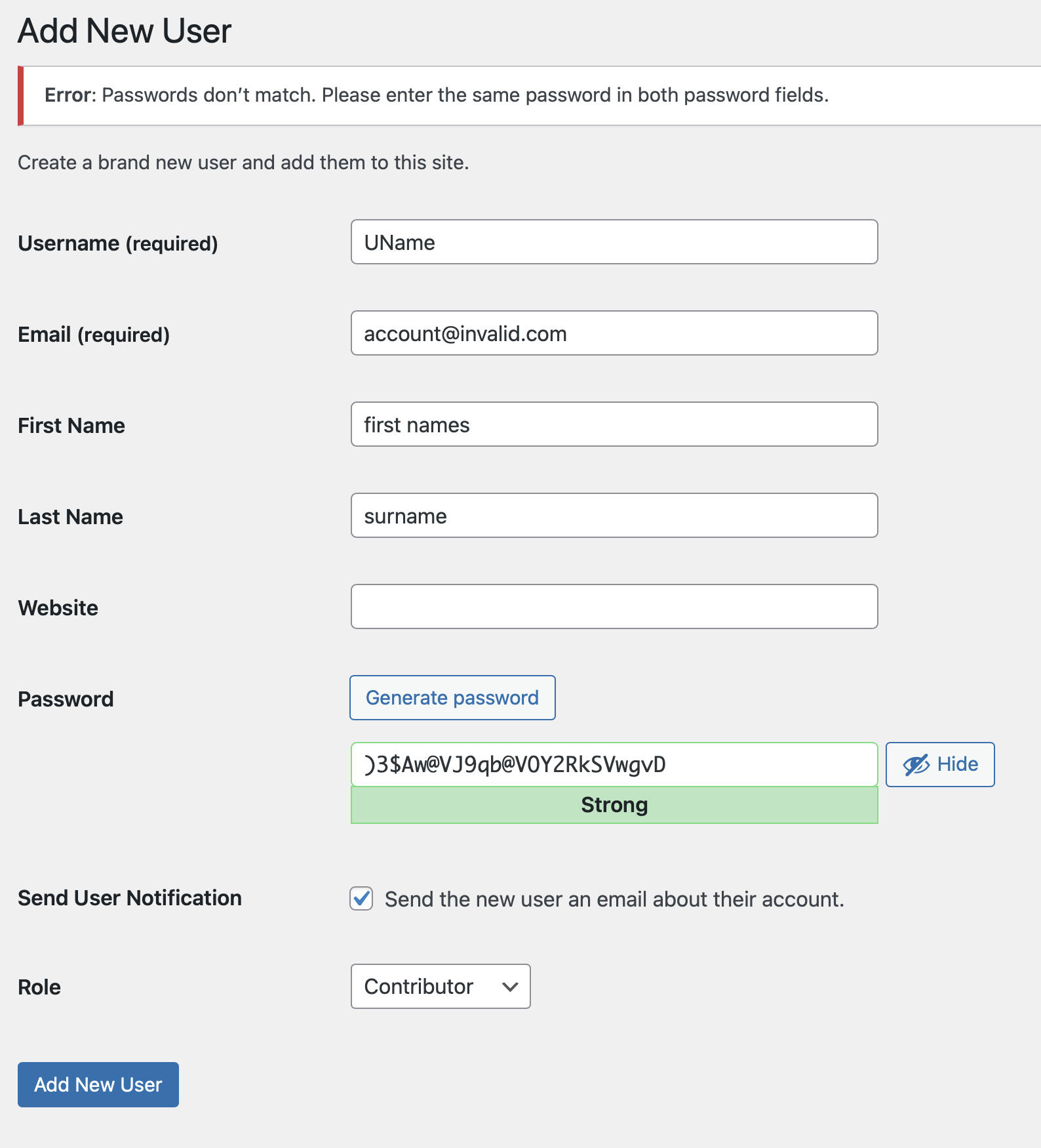 admin New user form rejected because "passwords don't match"—but