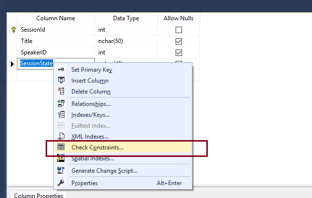 sql Where can I set a check constraint in SSMS Table Designer Mode