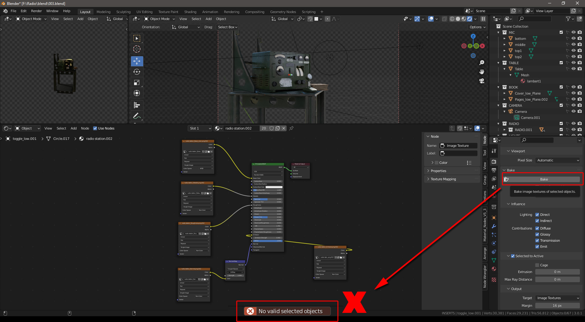 Blender 3.0 Error Msg "No Valid Selected Objects" Can't bake Blender