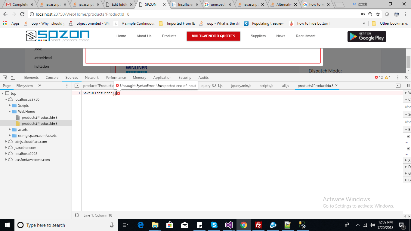 javascript unexpected end of input error while passing json data from