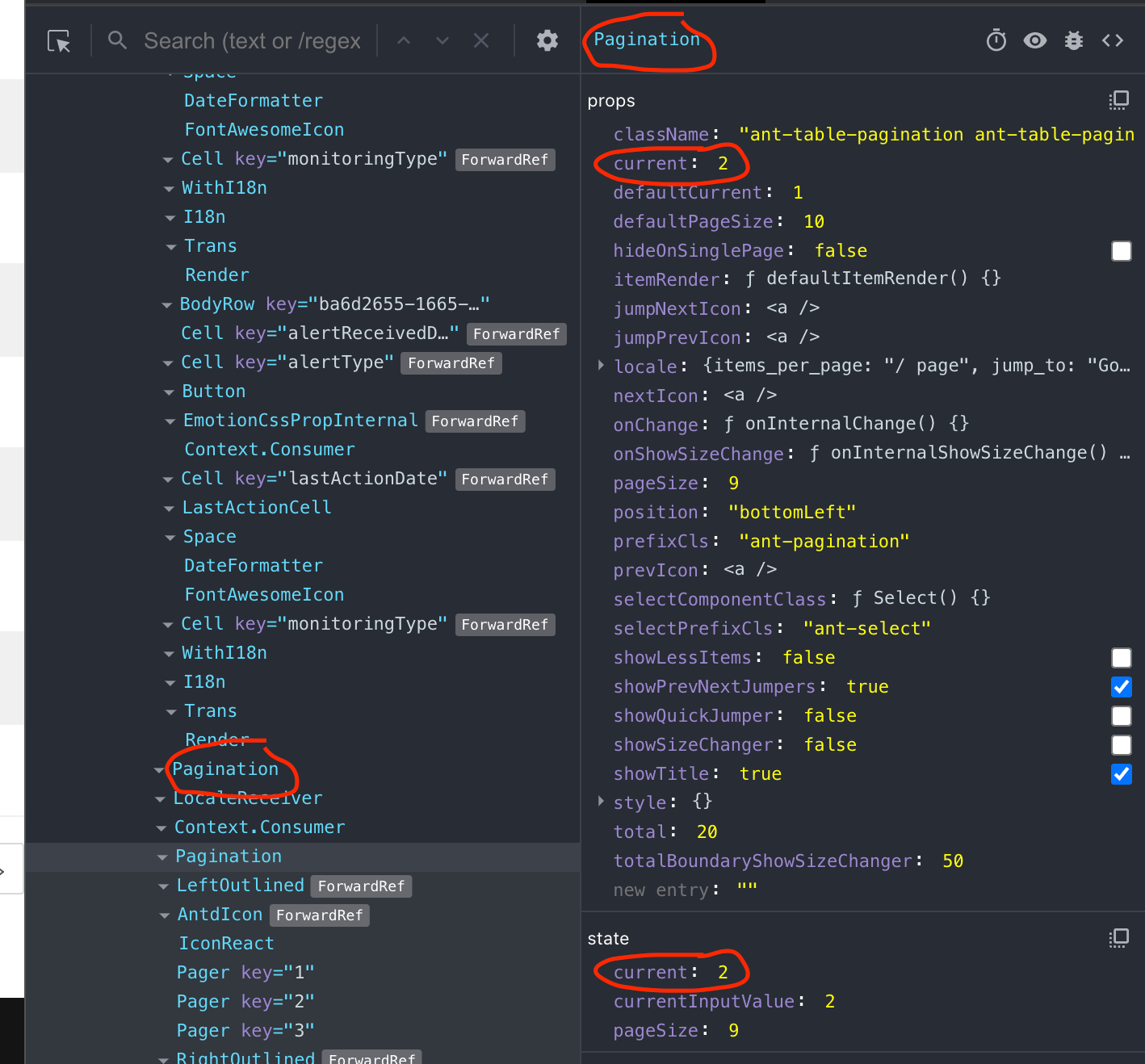 javascript Can I access the props or state of a Pagination component