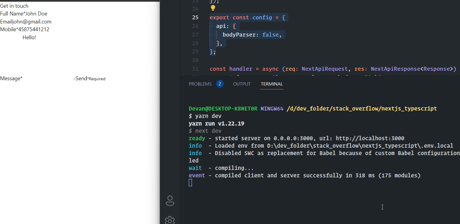 javascript Nodemailer Nextjs Typescript form not sending emails Stack Overflow