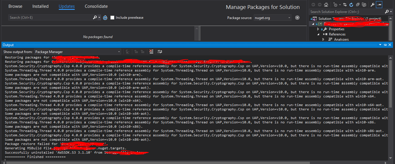 visual studio Problems in updating AWS SDK in a UWP project from