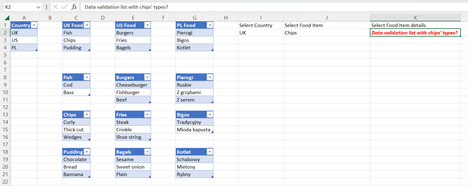How to display Excel table (data validation list) based on the value in previous cell multiple