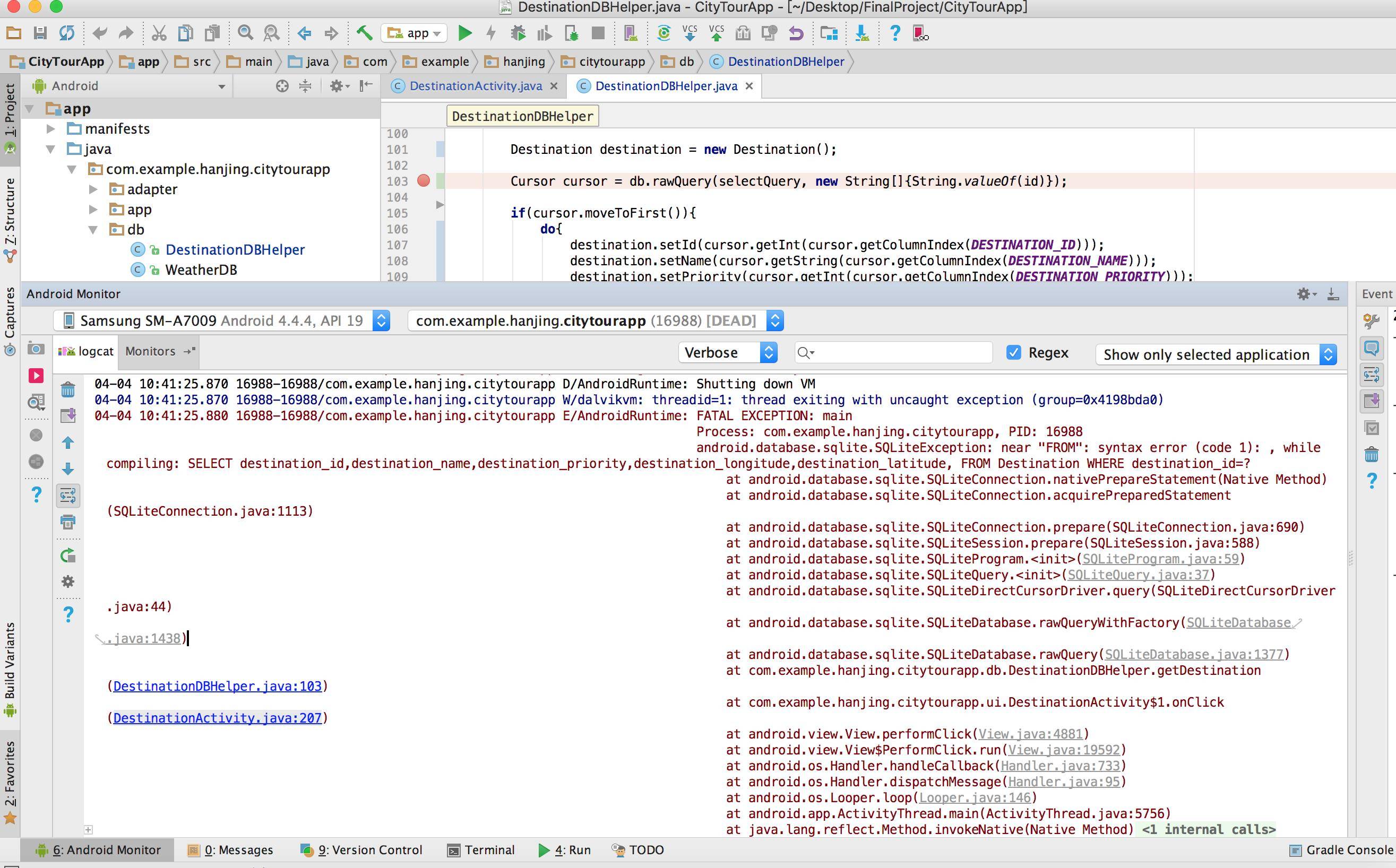 android.database.sqlite.SQLiteException near "FROM