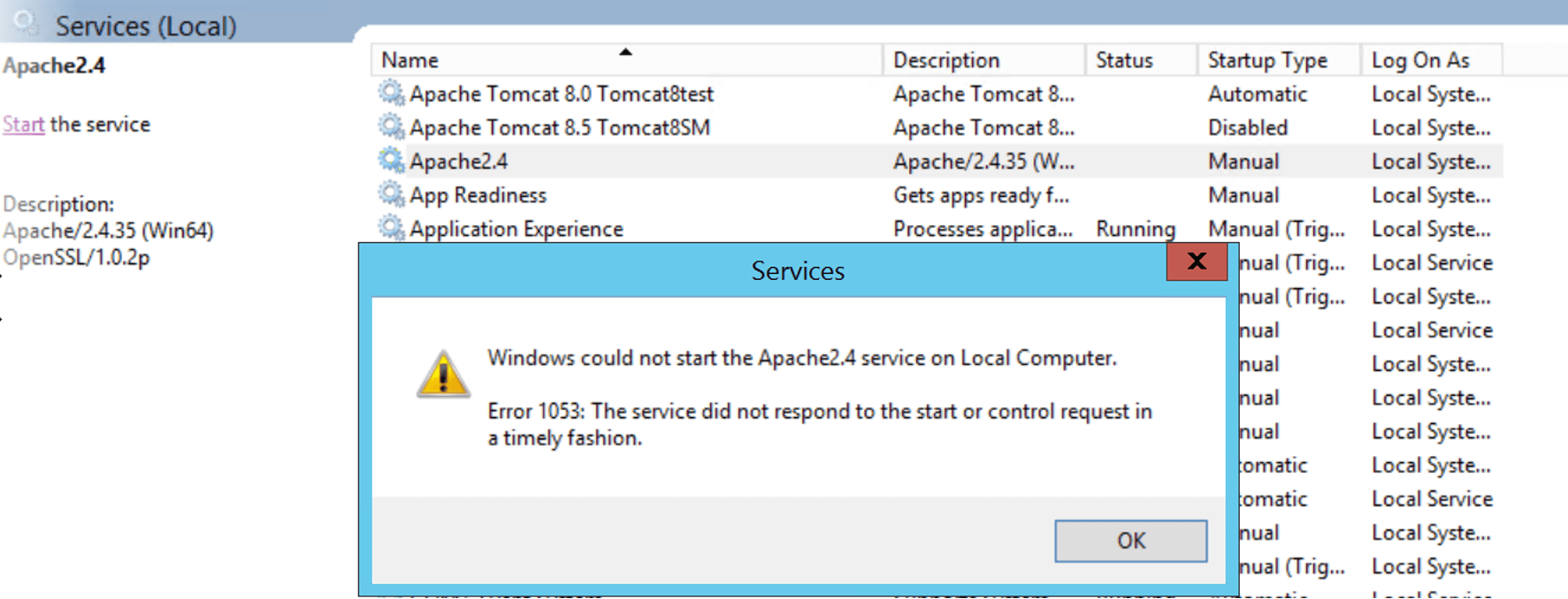 tomcat8 Apache service is not able to start and gives the Error 1053
