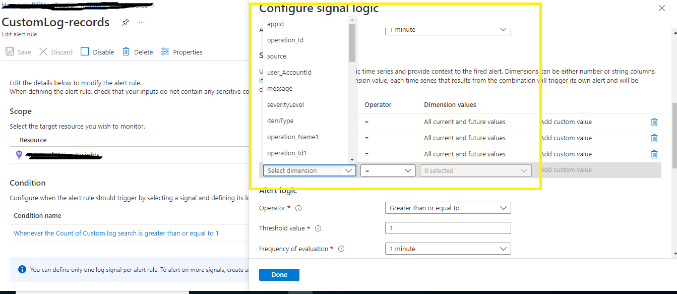 Azure Alert Rules(Custom Log Search) how to get custom dimensions value