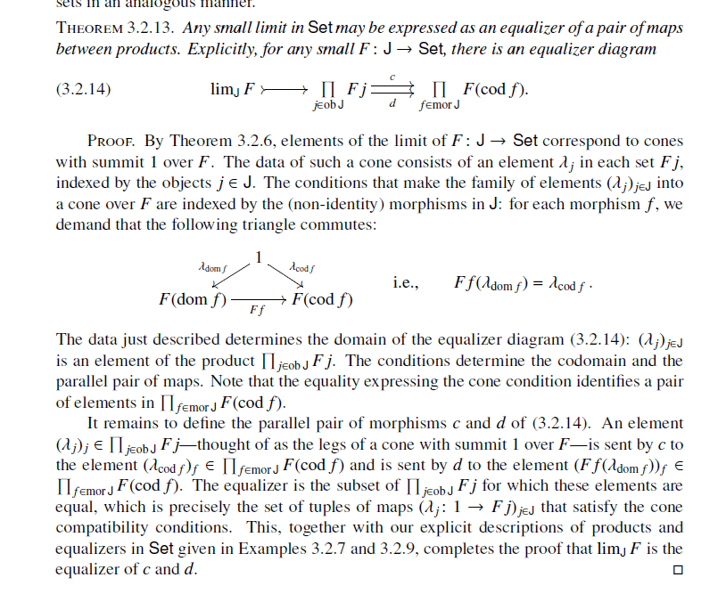 category theory Any small limit in Set may be expressed as an equalizer of a pair of maps