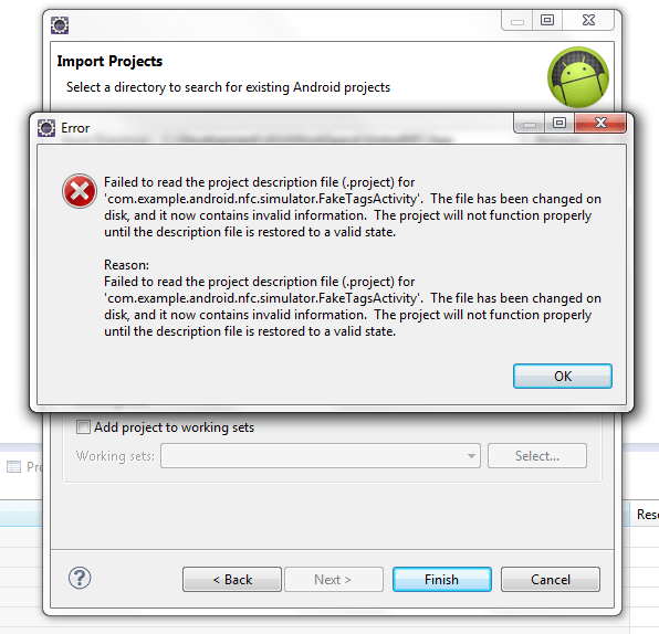 java Eclipse Failure in importing existing Android Application