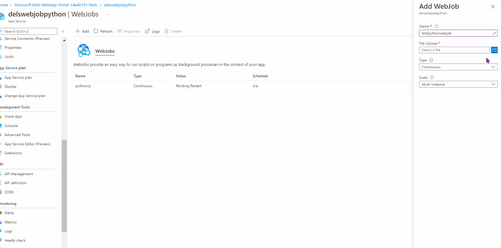 Is there a way to deploy a Python code in Azure and run it in webjob