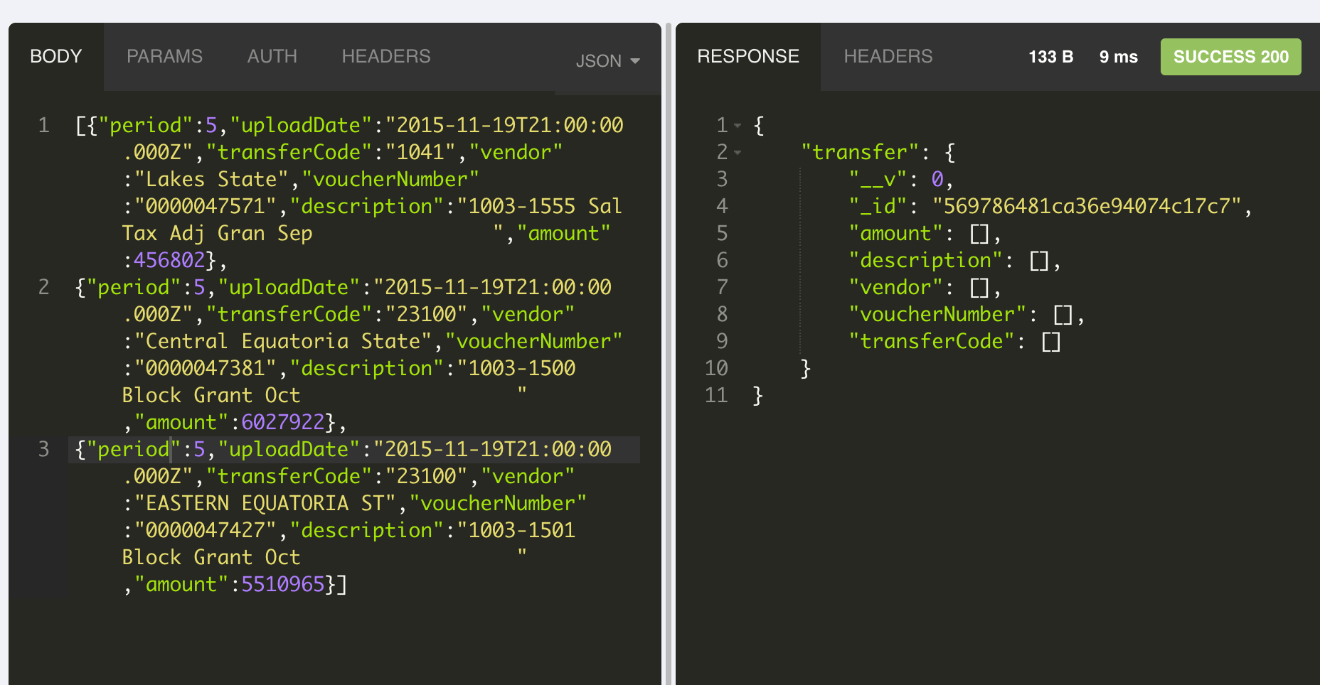 javascript Posting an array of objects to MongoDB with Node sends